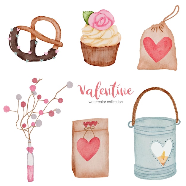 Éléments de la Saint-Valentin, coeur, sac, cupcake, etc.