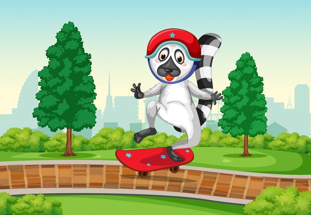 Lemur jouant du skatebaord au parc