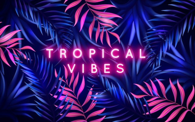 Lettrage au néon tropical avec des feuilles