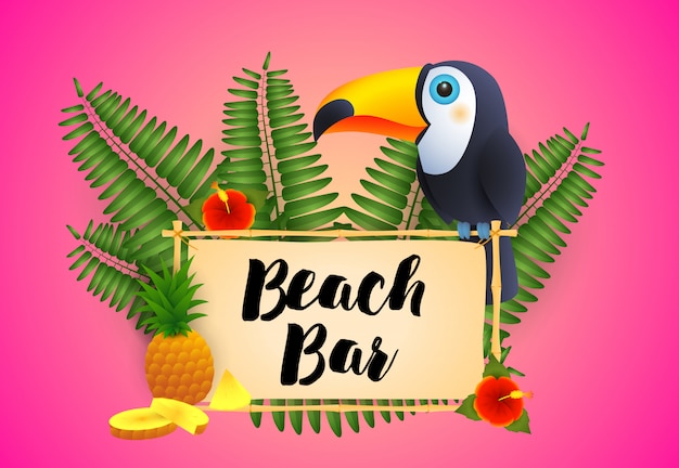 Vecteur gratuit lettrage beach bar avec toucan et ananas