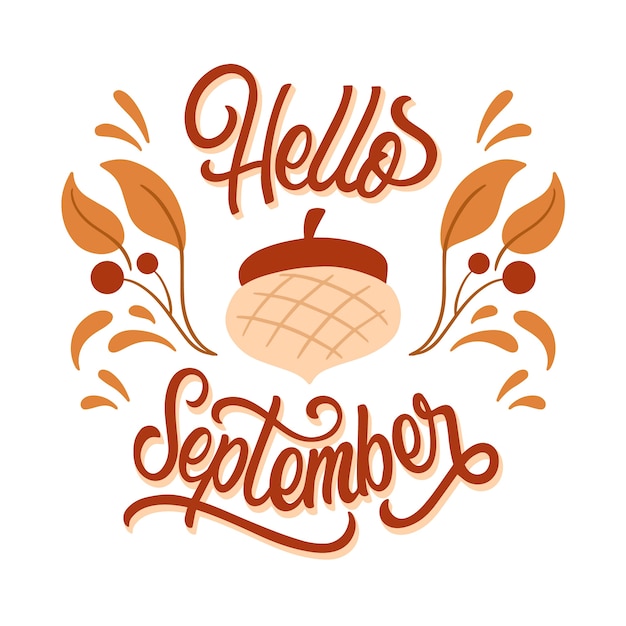 Vecteur gratuit lettrage bonjour septembre dessiné à la main pour la célébration de l'automne