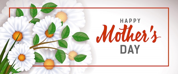 Lettrage de bonne fête des mères dans le cadre avec des fleurs blanches. Carte de voeux Fête des mères.