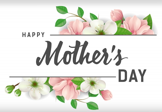 Vecteur gratuit lettrage de bonne fête des mères avec des fleurs sur fond blanc. fête des mères carte de voeux