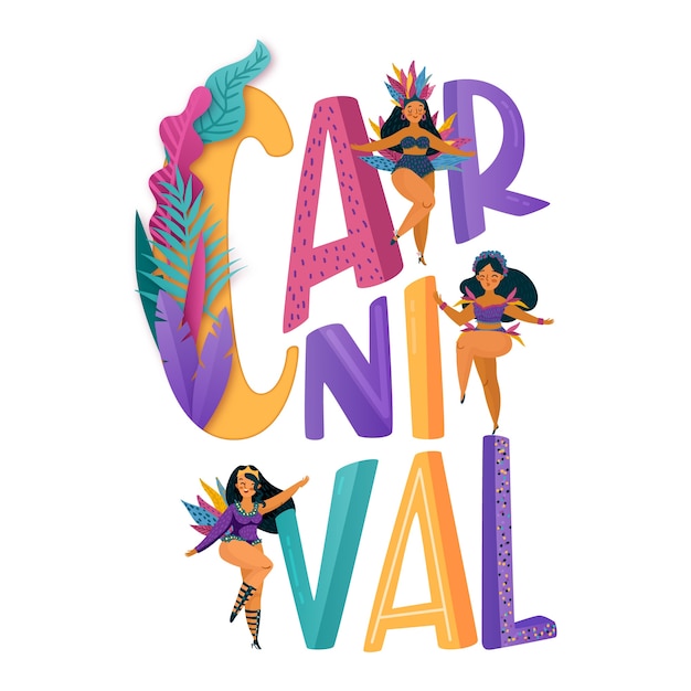 Vecteur gratuit lettrage de carnaval avec des femmes en vêtements de fête traditionnels