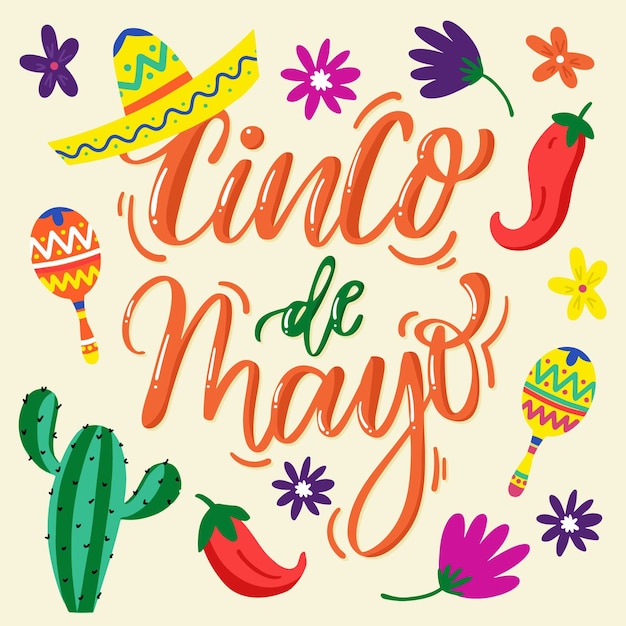 Lettrage de Cinco de Mayo avec différents éléments mexicains