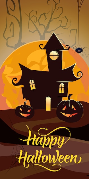 Lettrage Halloween heureux avec orange moon, château et citrouilles