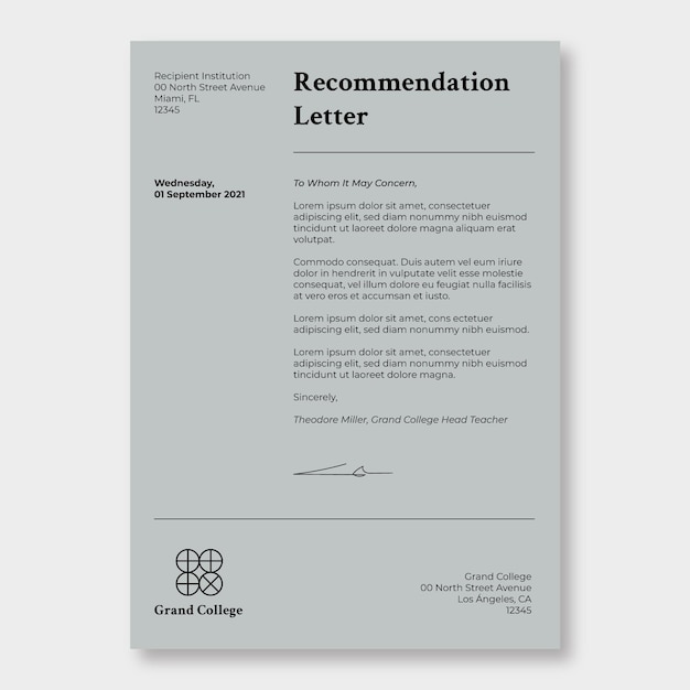 Vecteur gratuit lettre d'éducation de recommandation monochrome minimaliste