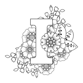 Lettre i avec ornement décoratif de fleur de mehndi dans la page de livre de coloriage de style oriental ethnique