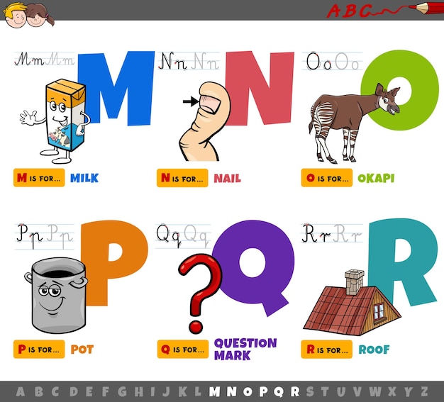 Lettres de l'alphabet de dessin animé éducatif pour les enfants de m à r