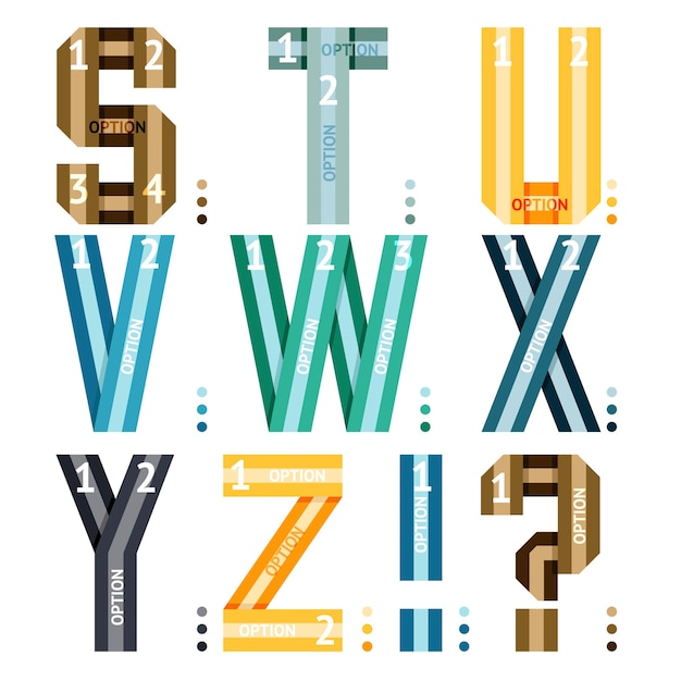 Lettres de l'alphabet de vecteur de rubans et de lignes avec des options de nombre pour une utilisation en infographie