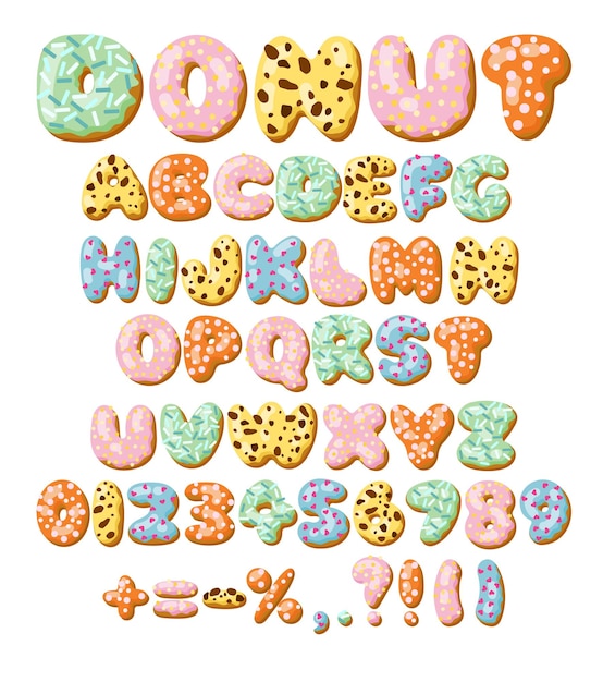 Lettres et chiffres dans le jeu d'illustrations vectorielles de police de beignets. Dessins de lettres et de chiffres de l'alphabet à partir de beignets au chocolat ou de biscuits avec glaçage. Nourriture, dessert, concept de typographie pour boulangerie ou café