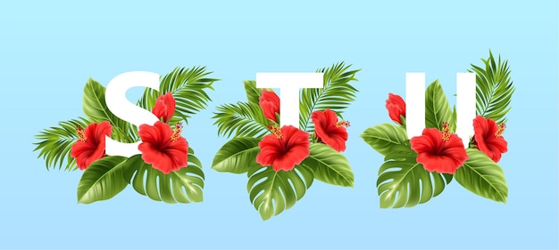 Lettres Stu Entourées De Feuilles Tropicales D'été Et De Fleurs D'hibiscus Rouges