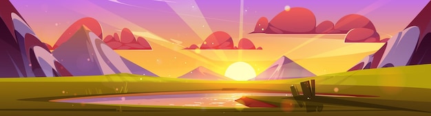 Vecteur gratuit lever de soleil de dessin animé au-dessus du lac dans la vallée de montagne