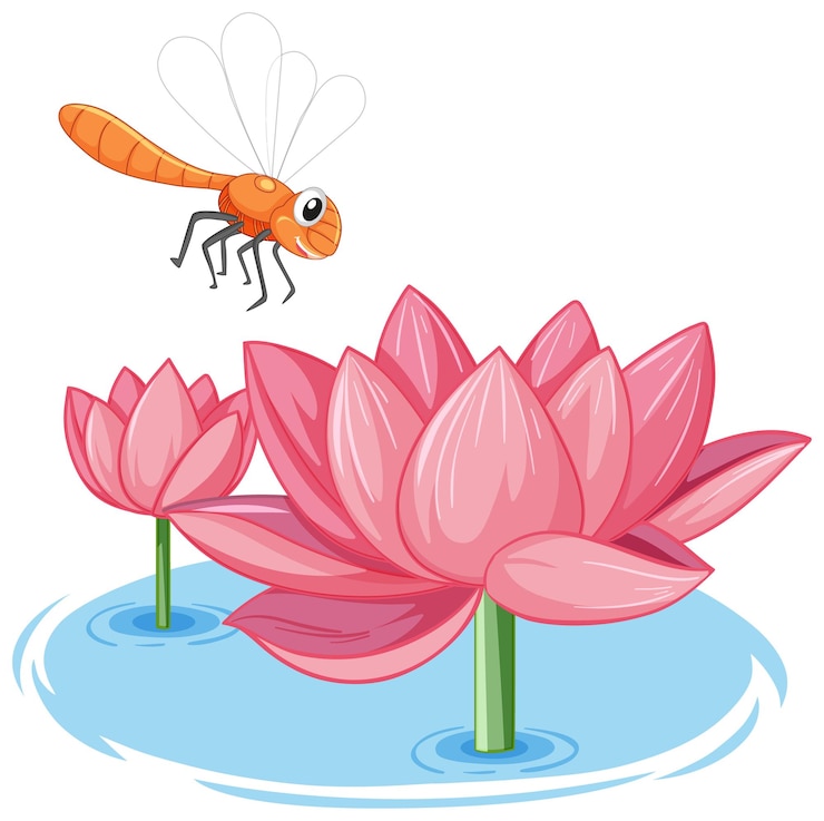 Vecteur gratuit libellule avec style de dessin animé de lotus rose sur fond blanc