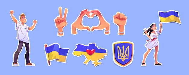 Liberté pour l'Ukraine autocollants symboles de l'opposition Hommes et femmes militants sur la manifestation drapeau national gestes de la main coeur et carte de la victoire avec insigne coeur et armoiries Ensemble de vecteurs de dessin animé