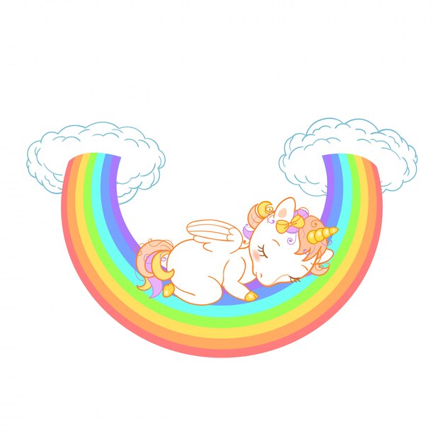 Licorne Bebe Mignon Dormant Sur L Arc En Ciel Avec Des Nuages Illustration Pour La Conception Des Enfants Vecteur Premium