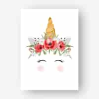 Vecteur gratuit licorne couronne aquarelle fleur coquelicot rouge