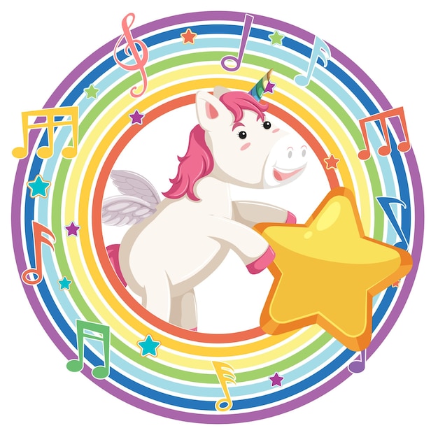 Licorne dans un cadre rond arc-en-ciel avec symbole de mélodie