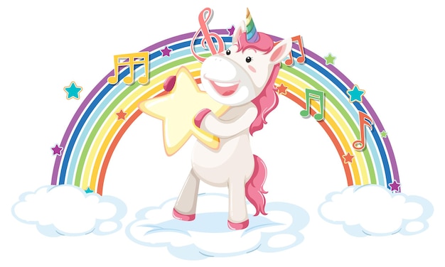 Vecteur gratuit licorne debout sur un nuage avec symbole arc-en-ciel et mélodie