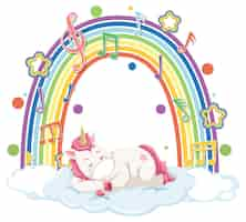 Vecteur gratuit licorne dormant sur un nuage avec un arc-en-ciel et un symbole de mélodie