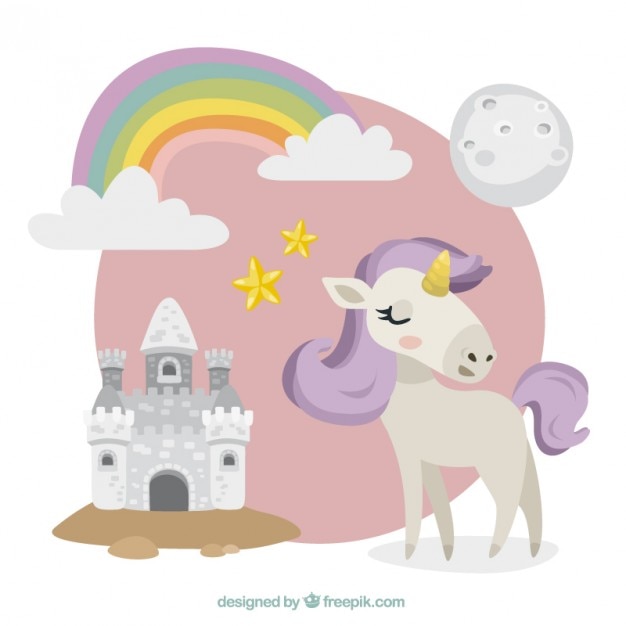 Vecteur gratuit licorne mignon avec un château