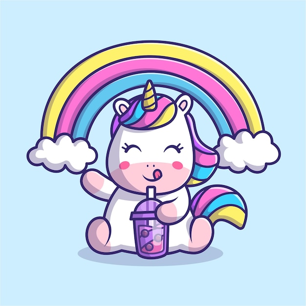 Licorne Mignonne Buvant Du Thé Au Lait Boba Avec Illustration D'icône Vectorielle De Dessin Animé Arc-en-ciel. Icône De Boisson Animale