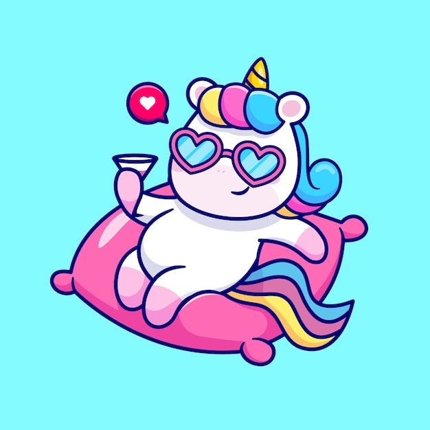 Licorne Mignonne Chill Sur Oreiller Et Tenant Illustration D'icône De Vecteur De Dessin Animé De Jus. Icône De Boisson Animale