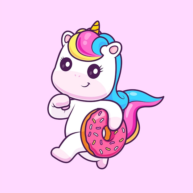 Licorne Mignonne En Cours D'exécution Avec Donut Cartoon Vector Icon Illustration Concept D'icône De Nourriture Animale Isolé