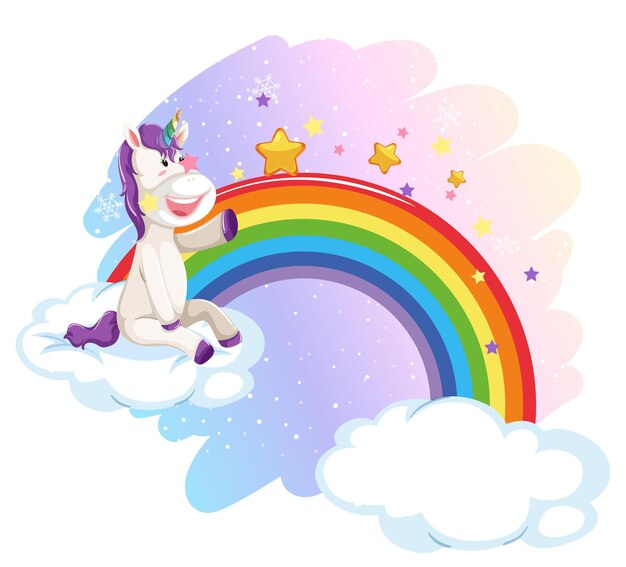 Licorne mignonne dans le ciel pastel avec arc-en-ciel