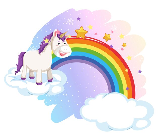 Licorne mignonne dans le ciel pastel avec arc-en-ciel