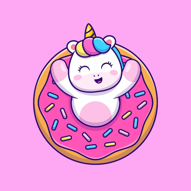 Vecteur gratuit licorne mignonne avec dessin animé de beignet