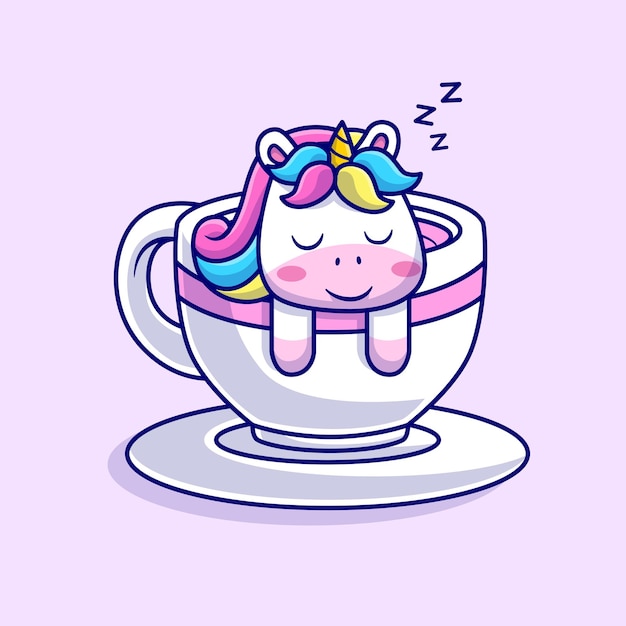 Vecteur gratuit licorne mignonne dormant dans une tasse de café illustration d'icône de vecteur de dessin animé. icône de boisson animale isolée