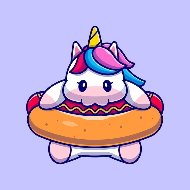 Licorne Mignonne Mangeant Le Personnage De Dessin Animé De Hotdog. Nourriture Pour Animaux Isolée.