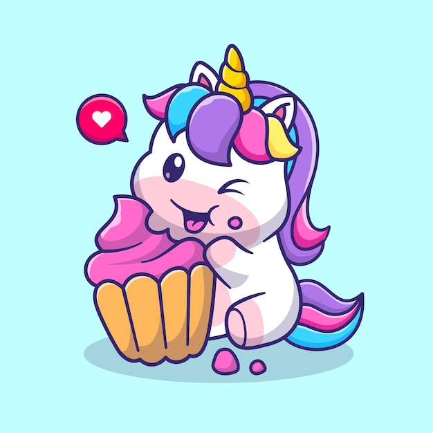 Licorne Mignonne Manger Cupcake Cartoon Vector Icon Illustration. Concept d'icône de nourriture animale isolé plat