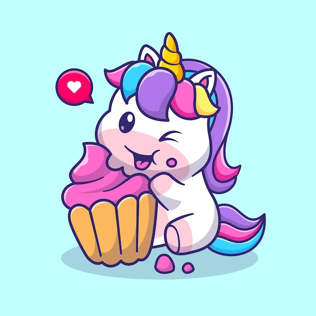 Licorne Mignonne Manger Cupcake Cartoon Vector Icon Illustration. Concept D'icône De Nourriture Animale Isolé Plat