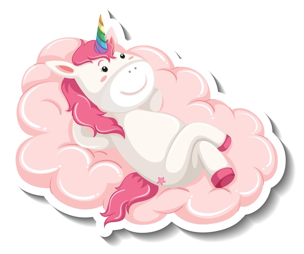 Licorne Mignonne Portant Sur Le Nuage Sur Fond Blanc