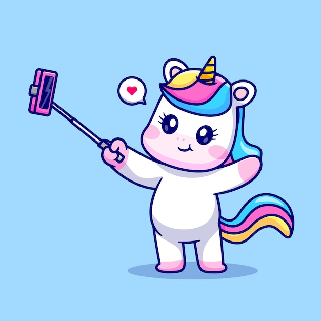 Licorne Mignonne Prenant Selfie Avec Illustration D'icône De Vecteur De Dessin Animé De Téléphone. Technologie Animale Isolée