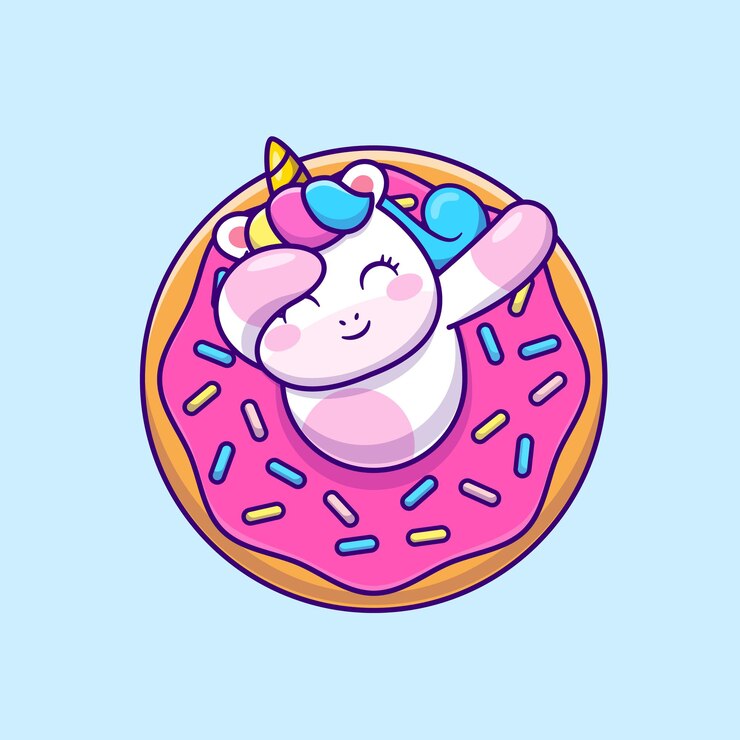 Vecteur gratuit licorne mignonne tamponnant avec donut cartoon vector icon illustration. concept d'icône de nourriture animale vecteur isolé. style de bande dessinée plat