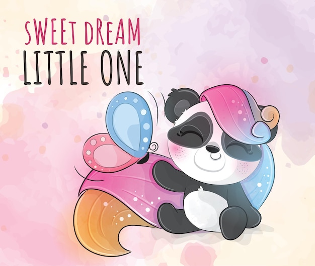 Vecteur gratuit licorne de petit panda animal mignon avec illustration de papillon - personnage de panda aquarelle animal mignon