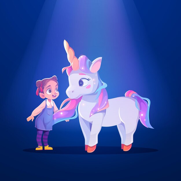 Licorne Et Petite Fille, Enfant Et Mignon Poney Blanc