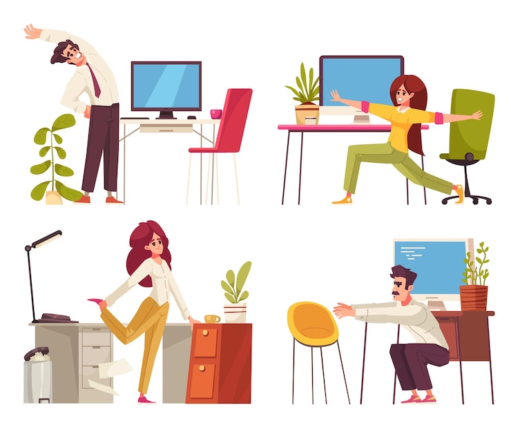 Vecteur gratuit le lieu de travail s'étend de la composition de dessin animé avec des personnes ayant des exercices au bureau illustration vectorielle isolée