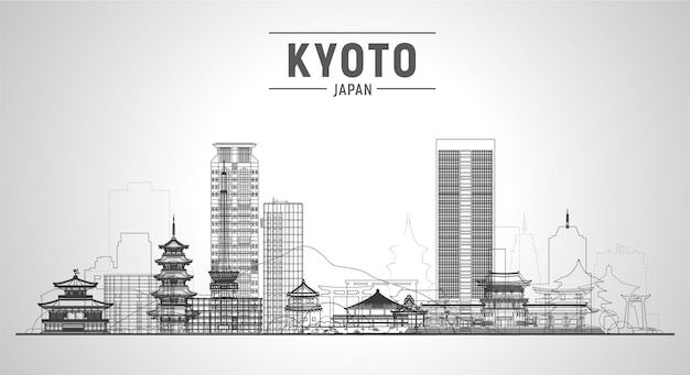 Vecteur gratuit ligne d'horizon de kyoto japon avec panorama sur fond blanc illustration vectorielle concept de voyage d'affaires et de tourisme avec des bâtiments modernes