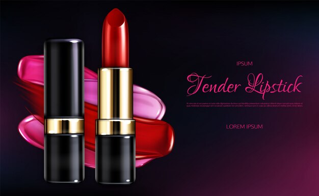 Ligne de rouge à lèvres offre 3d bannière de publicité réaliste vecteur avec brillant