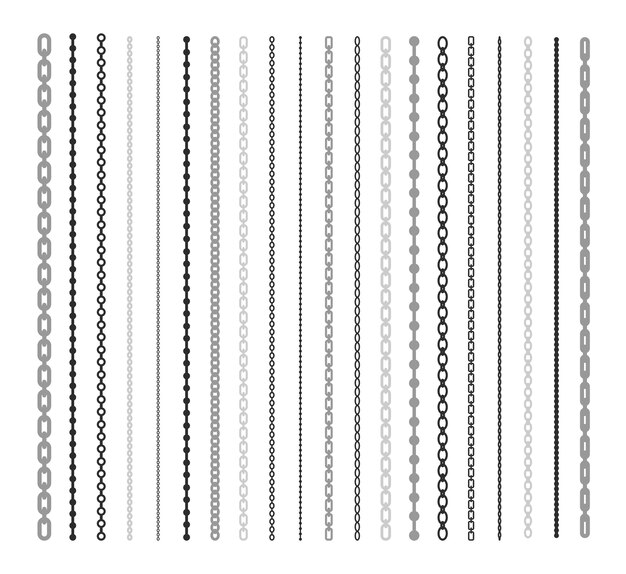 Lignes noires de jeu d'illustration plat chaîne. Maillon de chaîne et modèle de bordure brosse collection de vecteur isolé. Concept d'éléments de connexion et de design de mode