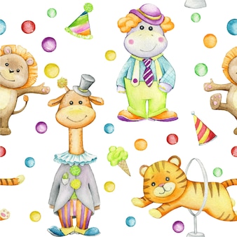 Lion, girafe, hippopotame, tigre. animaux aquarelles. modèle sans couture de cirque, style cartoon.