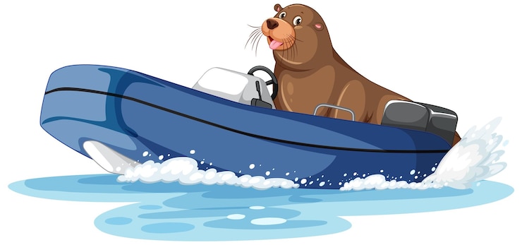 Vecteur gratuit lion de mer sur bateau rapide en style cartoon