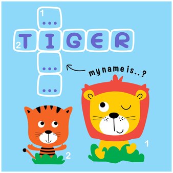Lion et tigre jouant ensemble dessin animé drôle d'animal