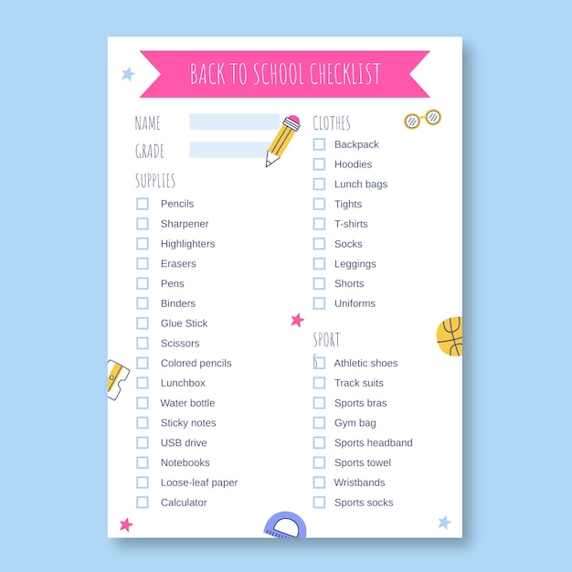 Vecteur gratuit liste de contrôle des fournitures scolaires colorées dessinées à la main