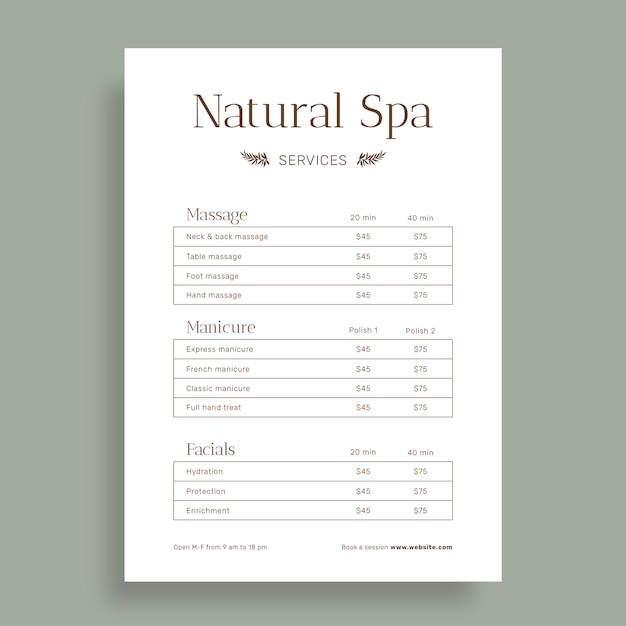 Vecteur gratuit liste de prix des spas naturels élégants