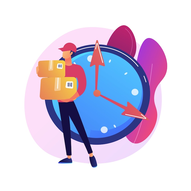 Vecteur gratuit livraison par courrier express. service postal professionnel, entreprise de transport de marchandises, distribution de dieux. élément de conception d'idée à la maison.
